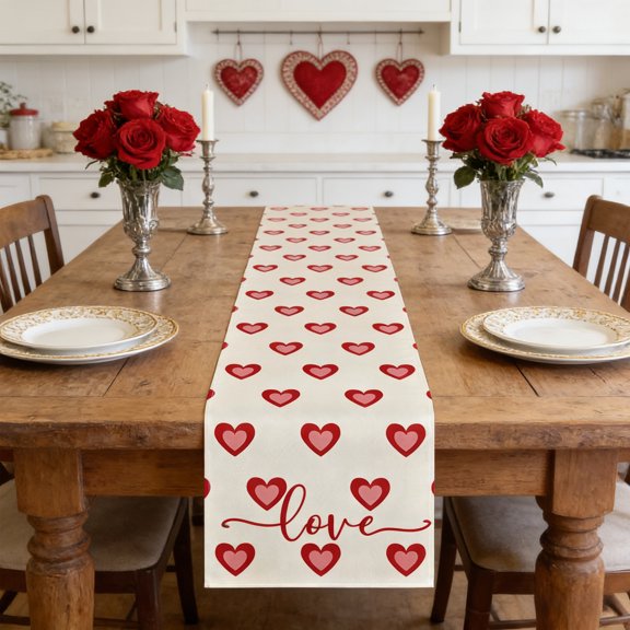 Valentine's Day Table Runner | Linen Kitchen Tablecloth Heat Insulation Placemat | 72x13 Inch Party Decoration for Dining Table