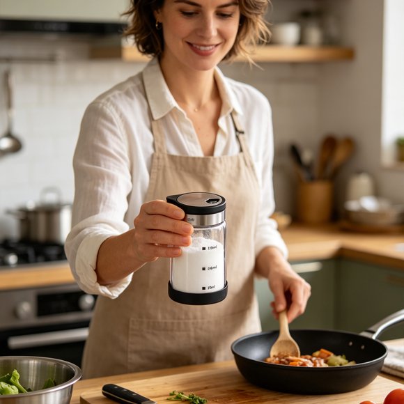 Linnome Adjustable Glass Spice Shaker Bottle 150ml with Rotatable Stainless Steel Lid Measuring Mark for Pepper Salt Seasoning Dispenser