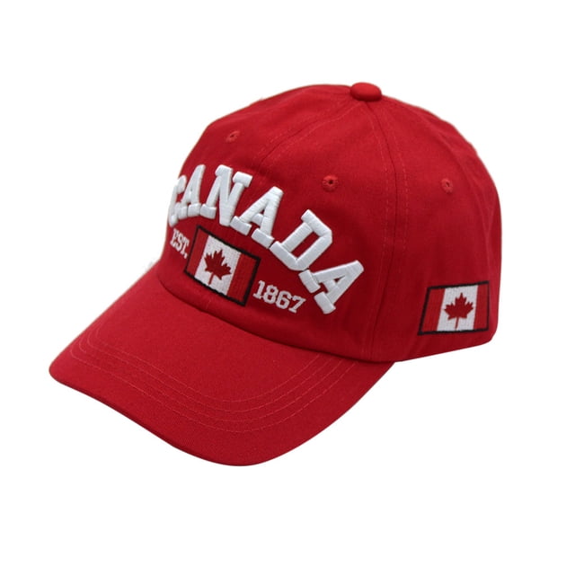 MIASHUI Men Baseball Cap Canada Maple Leaf Embroidery Hat in red, featuring bold 'Canada' text and maple leaf flag embroidery on the front and sides. Made of lightweight cotton with breathable holes and an adjustable strap for a comfortable fit. A unisex accessory ideal for outdoor activities like hiking, cycling, and camping, and a great patriotic gift for Canadians.