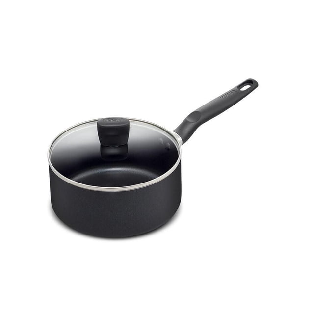 T-fal Essential 3qt/20cm saucepan with black scratch-resistant non-stick interior and exterior, clear glass lid with black knob, and riveted Bakelite handle, featuring a warp-resistant base compatible with all cooktops except induction, also ideal for reheating sauces or small meals.