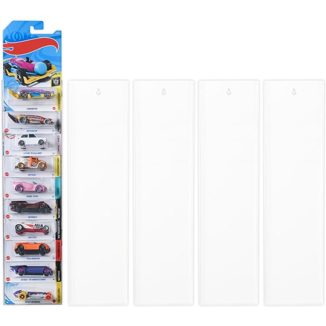 Tapeera Model Car Display Case Wall Mount, a set of five clear acrylic shelves designed to hold up to 50 blister-packed toy cars, including Hot Wheels and Matchbox models. The image shows one shelf filled with packaged cars and four empty shelves, highlighting the crystal-clear visibility and ample storage capacity. Each shelf features a mounting hole for versatile wall installation using Command strips or screws.