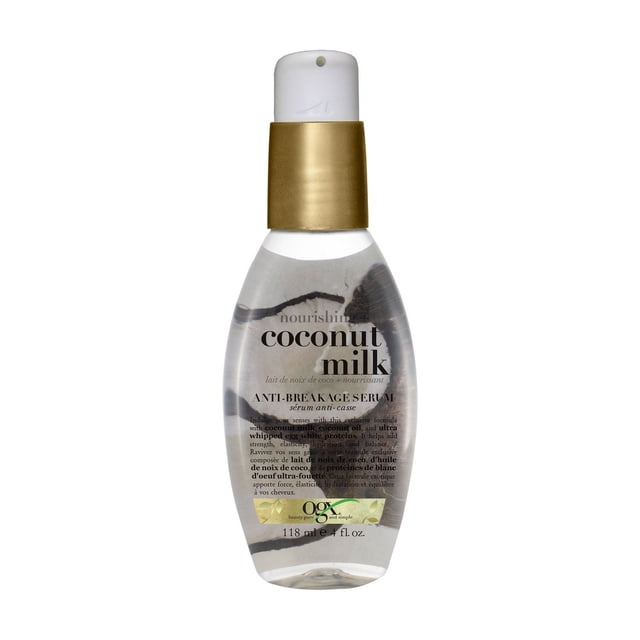 OGX Sérum Anti-Casse Nourrissant + Lait de Coco en Bouteille Transparente de 118 ml avec Distributeur à Pompe Dorée, un Sérum Capillaire Léger Pré-Style avec Lait de Coco, Huile de Coco, Soie et Protéines de Kératine Qui Aide à Protéger, Renforcer et Hydrater les Cheveux Tout en Réduisant les Casses et les Frisottis, Convient pour une Utilisation sur Cheveux Humides.