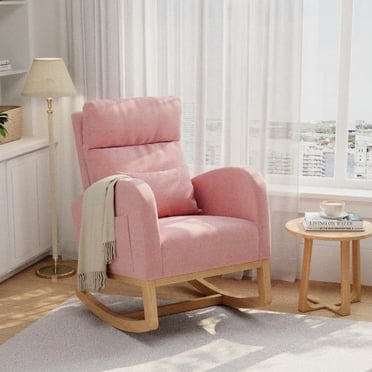Modern Nursery Rocking Chair, Boucle Upholstered Rocking Chair, Comfortable Rocker Recliner with Side Pocket, Rocker Glider for Living Room, Bedroom, Nursing Room, Pink