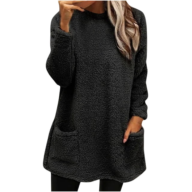 Birdeem Womens Round- Neck and Winter Loose Solid Pocket Warm Long Sleeve Blouse Tops