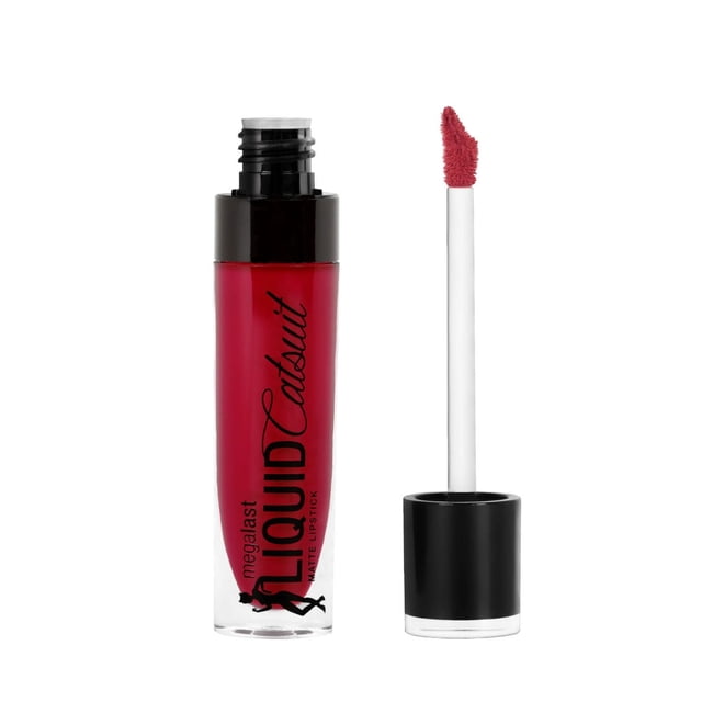 wet n wild Megalast Liquid Catsuit Lipstick in a clear tube with black cap, containing deep red liquid matte lipstick, shown with angled applicator wand coated in the same shade, designed for long-lasting wear and smooth application.