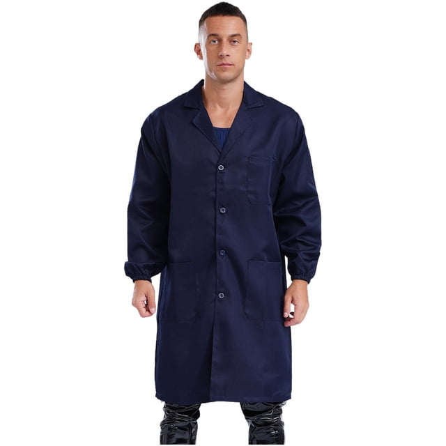 Rswnyirn Adult Wear Resistent Dustproof Lab Coat Notched Lapel Button Up Long Coat Workshop Uniform Navy Blue 175