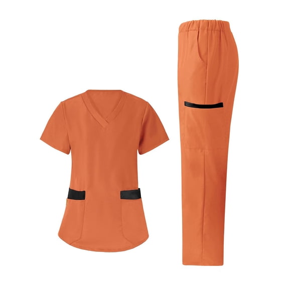 Nfurl Womens Scrubs Sets with 6 Pockets Nursing Uniform Sets for Women Short Sleeve V Neck Nurse Uniform Tops and Elastic Waist Pants Workwear Orange M
