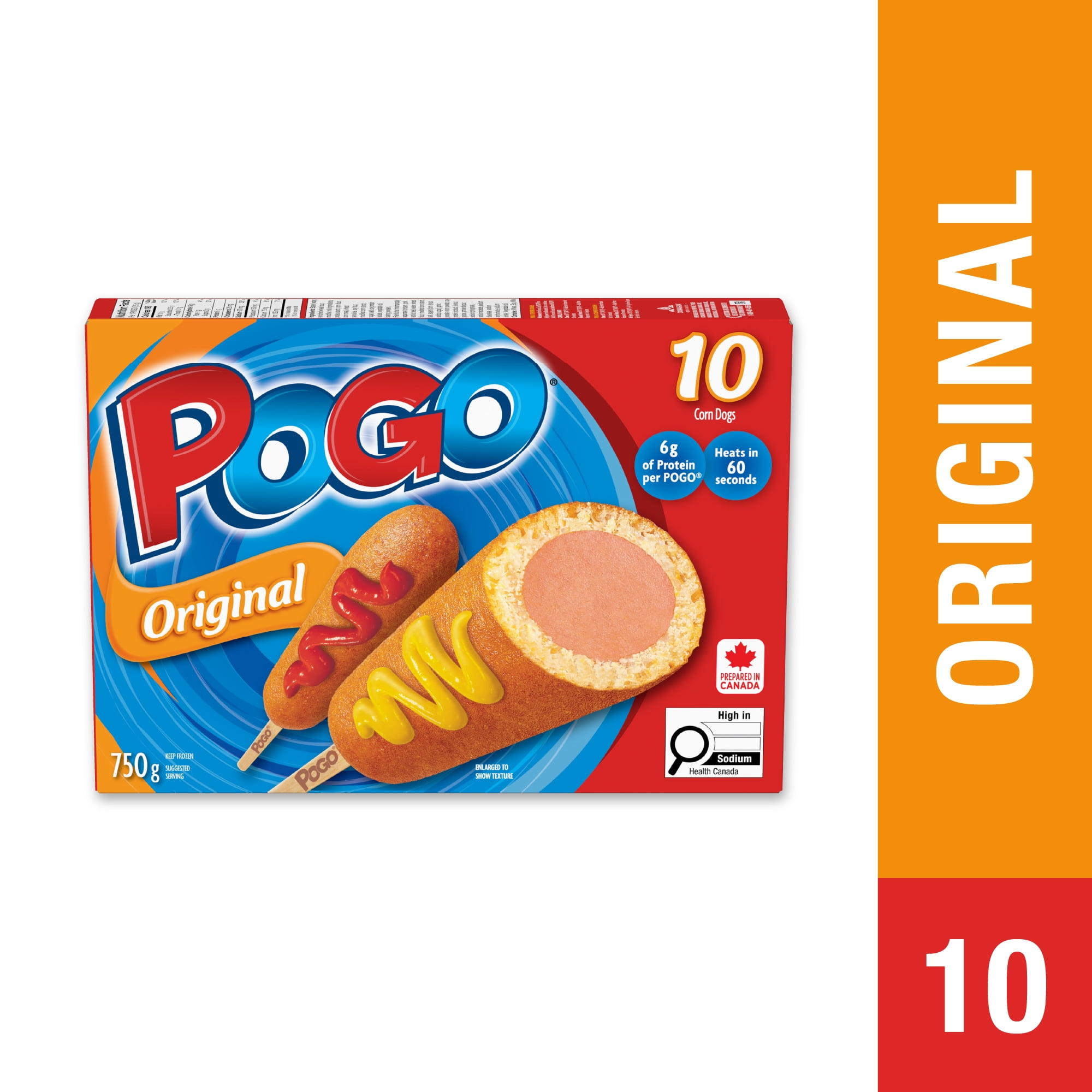 POGO® Original Corn Dogs, Cooked Battered Wiener on a Stick, Frozen Box, 10 Count (750 g), Prepared in Canada, Source of Protein, Source of Iron, 750g