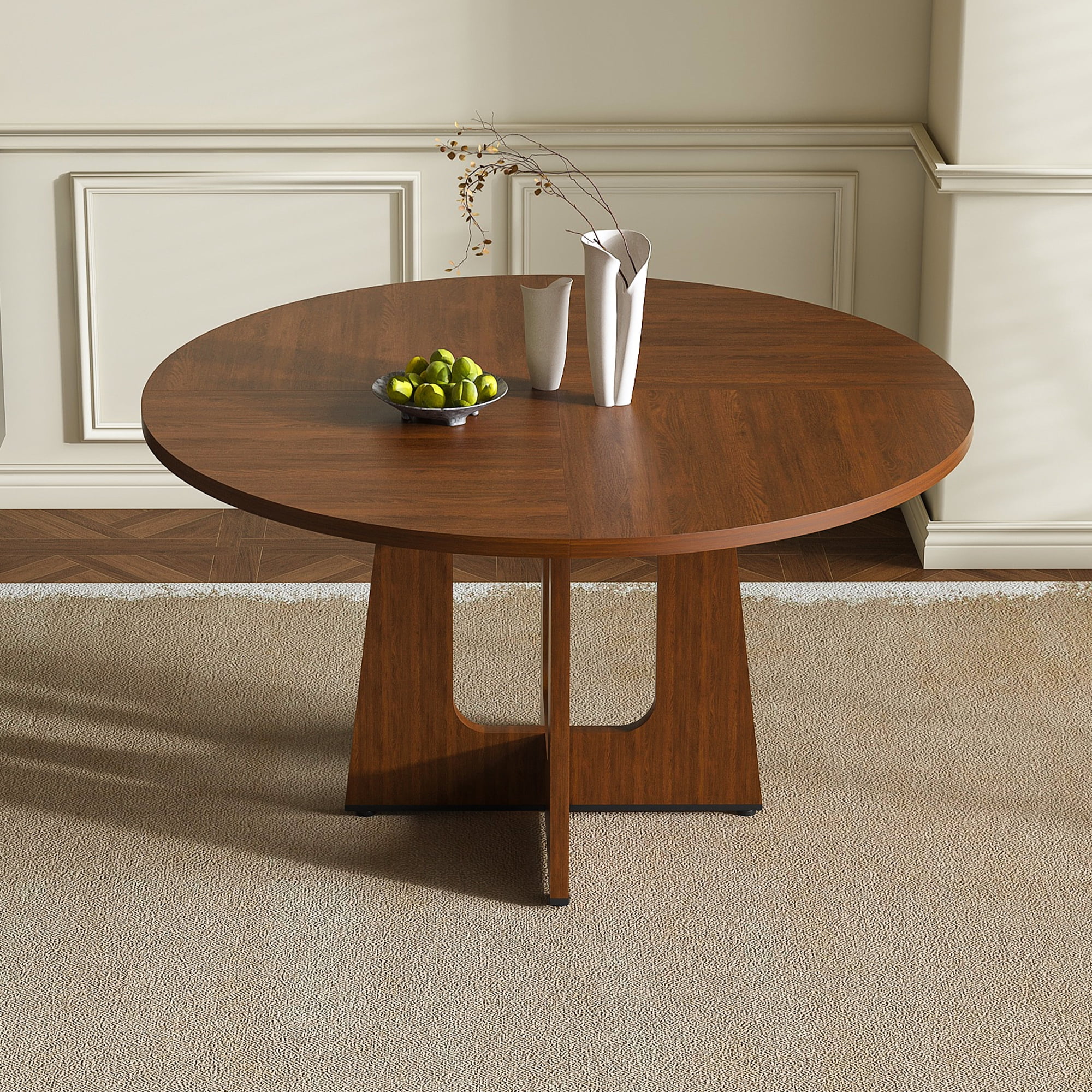 Noble House 47" Round Dining Table for 4,Farmhouse MDF Circle Table with Wood Grain Finish,Walnut