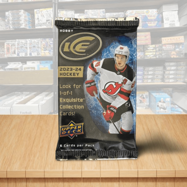 2023-24 Upper Deck Ice Hockey Hobby PACK with a vibrant design featuring a hockey player graphic. Includes 6 cards per pack and highlights the chance to find Bedard rookie cards and rare 1-of-1 exquisite collection cards. The pack is displayed on a wooden surface with a trading card store background.