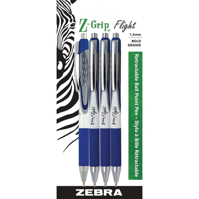 ZEBRA Z-Grip Flight retractable ballpoint pen set with four pens featuring 1.2 mm bold blue ink tips, soft blue rubber grips, silver metal clips engraved with ZEBRA, and white barrels with blue accents, ideal for smooth, low-pressure writing and suitable for everyday office or school use.