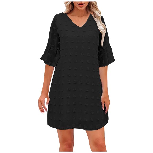 Cameland Robe d'Été pour Femmes, Couleur Unie, Col en V, Chiffon à Pois, Manches Courtes, Col en V