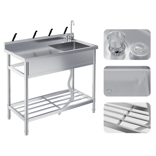 BeesClover Stainless Steel Utility Sink, Freestanding Single Bowl with Hot/Cold Faucet, Adjustable Legs, Storage Shelf, for Kitchen, Garage, Outdoor Use