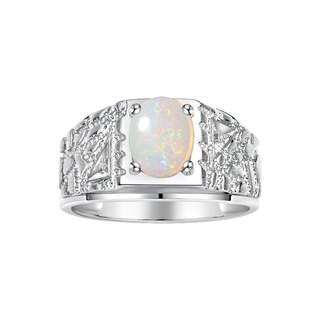 RYLOS Men's Rings Sterling Silver Designer Nugget Ring Oval 9X7MM Gemstone & Diamonds Opal October Birthstone Rings For Man Size 9