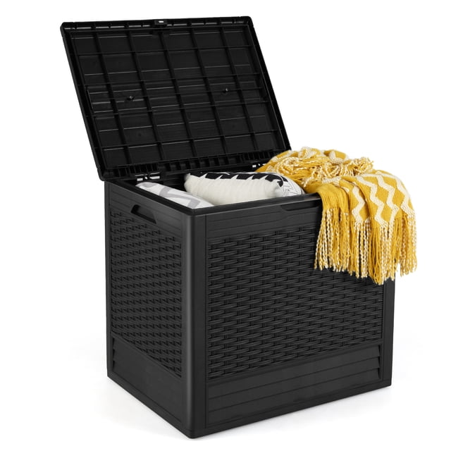 Gymax 25 Gallon Outdoor Storage Box PP Deck Container w/Rattan Patterns & Lockable Lid Black