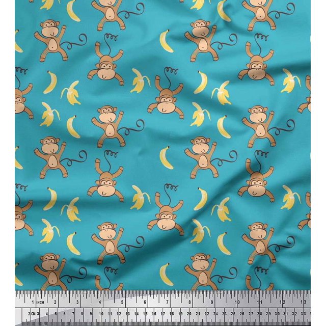 Soimoi Poly Georgette Fabric Banana & Monkey Kids Print Fabric by The Yard 52 Inch Wide