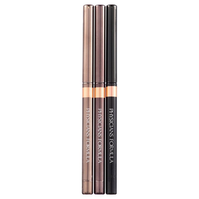 Shimmer Strips Custom Eye Enhancing Eyeliner Trio, Universal Looks - Nude, showing three slim pencil eyeliners in brown, dark brown, and black shades with nude color bands and Physicians Formula branding, designed for smooth, long-wearing, water-resistant application and safe for sensitive eyes, arranged vertically on a white background.