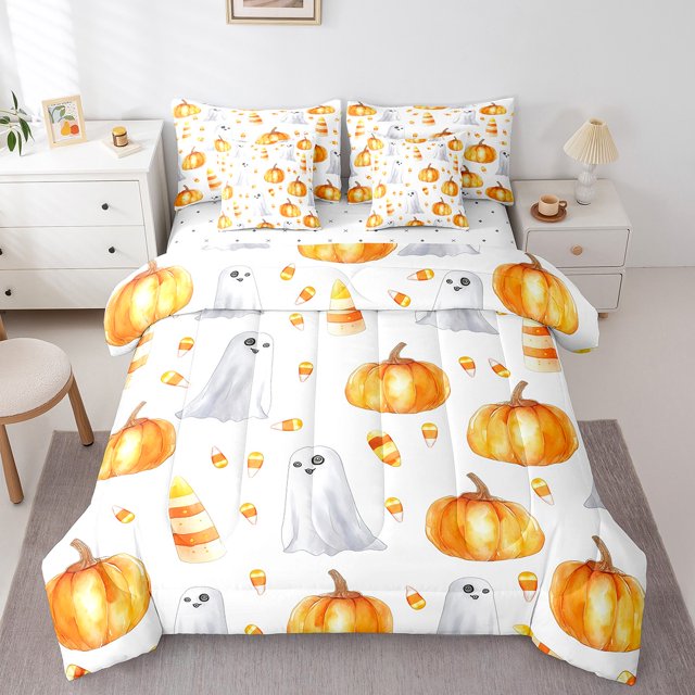YST Halloween 7-Piece Comforter Set, Twin Size, Ghost Pumpkin Theme, Yellow