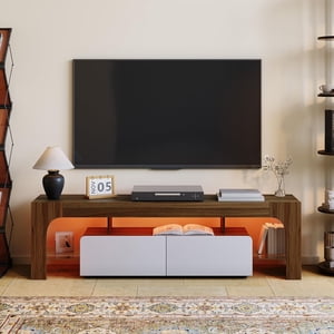 TV Stand with LED Lights for 50-75 Inch TVs, Modern Media Console with Large Storage Drawer, Entertainment Centre for Living Room Bedroom Walnut
