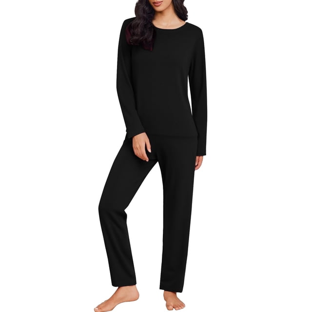 Ensemble de Pyjama pour Femmes Col Rond Manches Longues Grande Taille Ensemble de Maison pour Femmes Design Fin Couleur Unie Pantalon Manches Longues Ensemble Deux Pièces Pyjama Femme