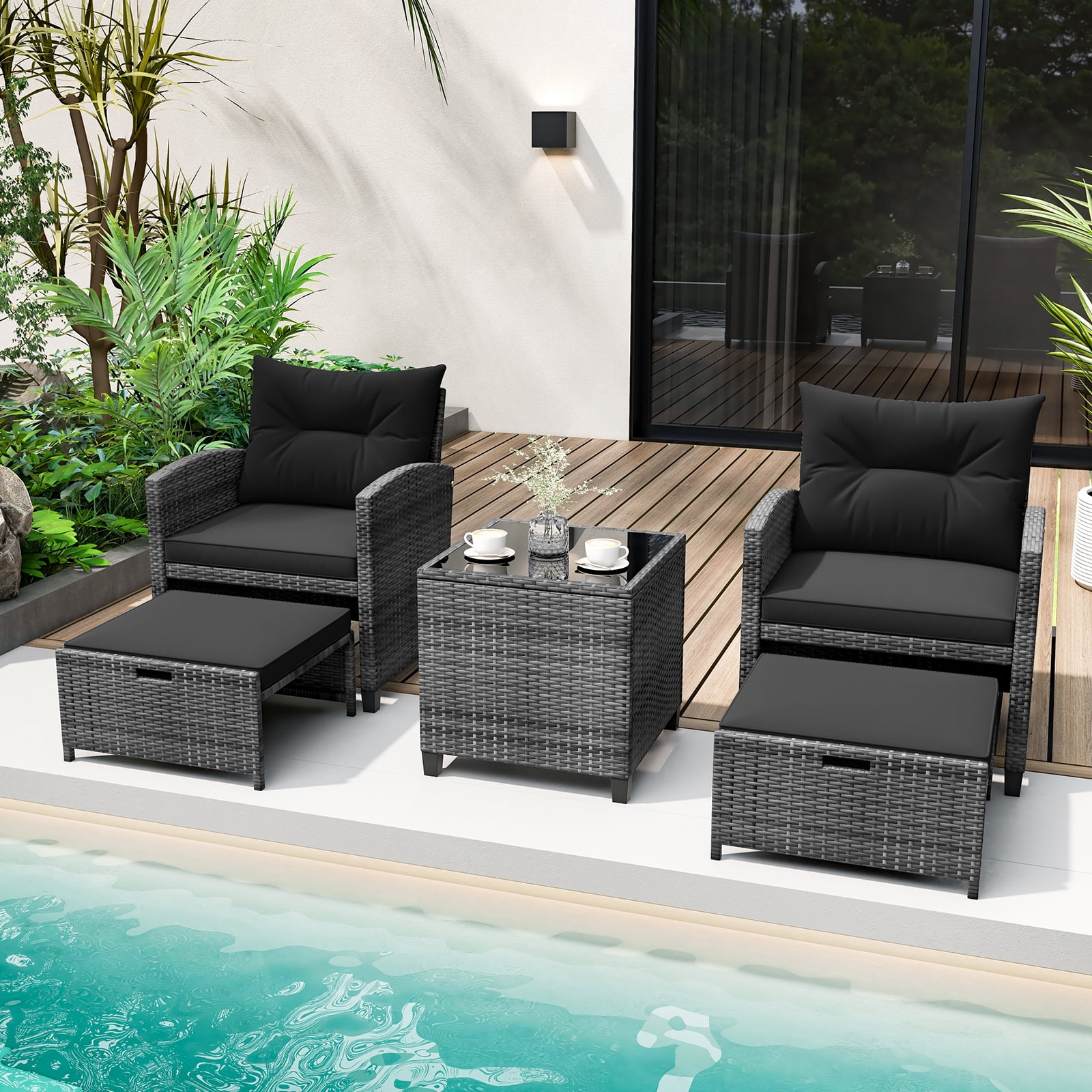Costway 5 Piece Patio Rattan Furniture with 2 Ottomans & Tempered Glass Coffee Table Black + Mix Gray