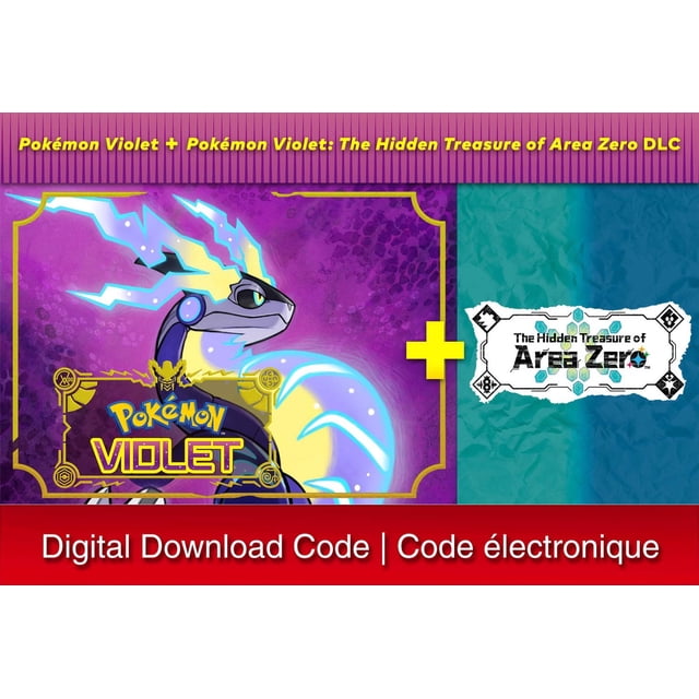 Pokemon Violet Bundle - Nintendo Switch Digital Code featuring the Legendary Pokémon Miraidon with electric blue and yellow lightning effects on a purple background, alongside The Hidden Treasure of Area Zero DLC logo on a teal textured background, highlighting the digital download content.