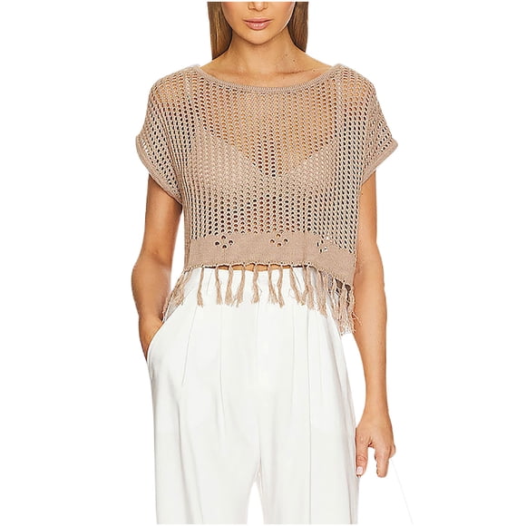 Hvobtty Women Crew Neck Casual Short Sleeve Shirt, Women Casual Fringe Short Sleeve Loose Round Neck Cutout Round Neck Casual Tunic Blouse