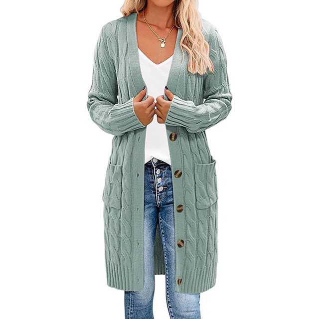 Womens Long Sleeve Cable Knit Long Cardigan Open Front Button Sweater Outerwear in a soft, solid colour. This knee-length cardigan features a loose fit, wide ribbed edges, and a button closure for easy wear. Designed with ribbon cuffs and hem, it offers a casual and cozy look. Made of polyester, suitable for hand or machine wash.