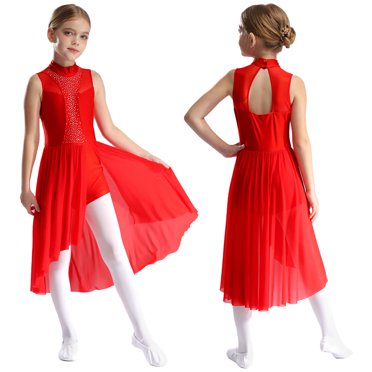 Aislor Girls Modern Lyrical Ballet Dance Costume Cutout Back Tutu Skirted Athletic Figure Ice Skating Dress Red 16