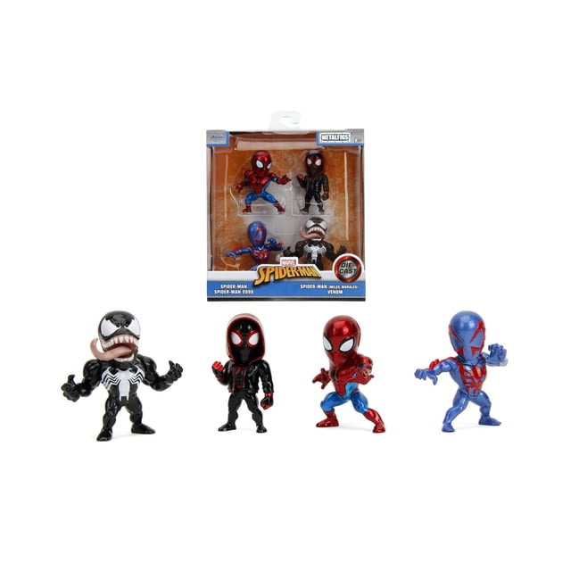 Jada Toys 2.5" Metal Fig 4 Pk - Spiderman features four die-cast metal figures including classic Spider-Man in red and blue suit, unmasked Miles Morales in black hoodie with red eyes, Spider-Man 2099 in blue and red suit, and Venom in black with white spider emblem and extended tongue, posed on white background with original packaging above. These collectible figures are ideal for display or imaginative play.