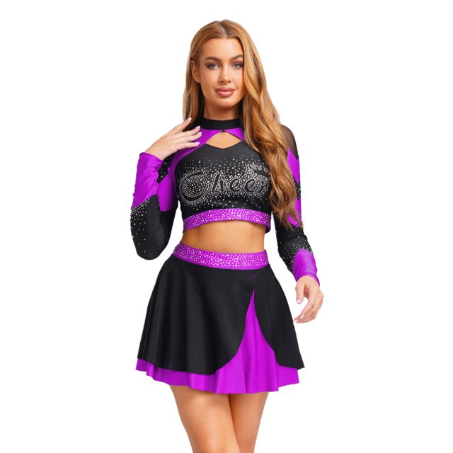 Aislor Womens Shiny Rhinestone Cheerleading Uniform 2 Piece Set Long Sleeve Crop Top & Skirt For Dance Purple XXL