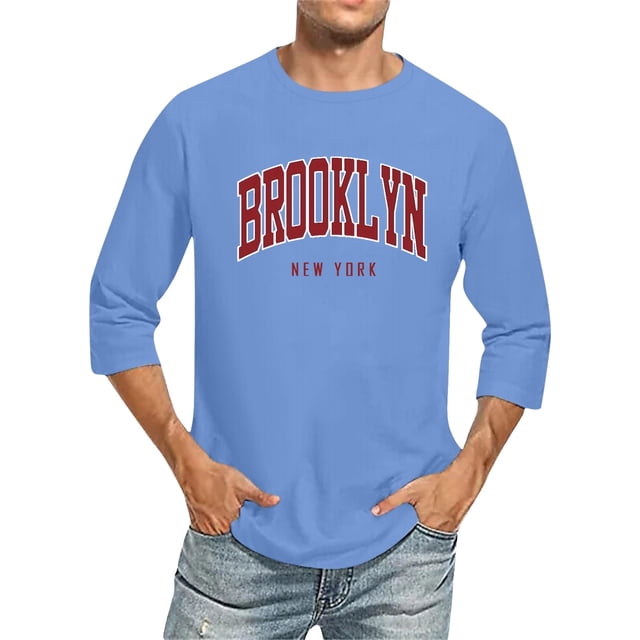 T-Shirts for Man 3/4 Sleeve Comfortable Crewneck Graduated Color Fit Light Blue Classic Fall Tees Men size M