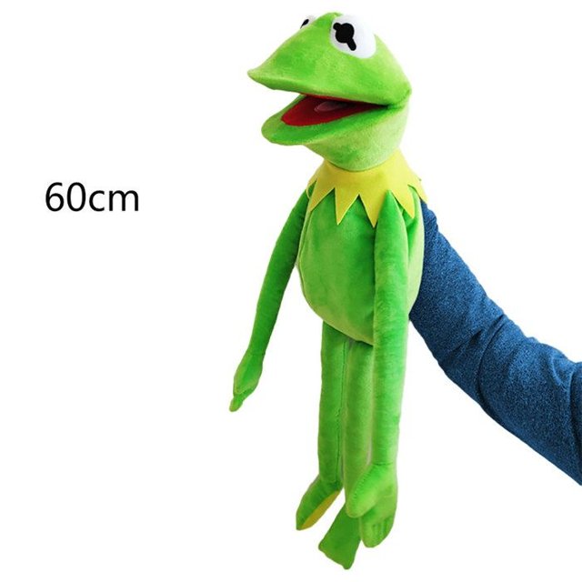 Kermit the Frog Plush Hand Puppet 60cm by ZONDing official, featuring a vibrant green body, yellow collar, and expressive face. This hand puppet fits securely on the wrist, shown in use with a hand inserted, making it ideal for pretend play, storytelling, and family bonding activities. Perfect for birthday parties, Christmas, and celebrations.