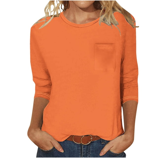 Lolmot Haut Décontracté pour Femme Uni à Col Rond, Manches 3/4 et Poche à Manches 3/4