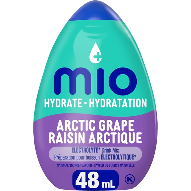 Mio Hydrate Mélange pour Boisson Électrolytique Arctic Grape 48 ml Bouteille Compressible avec Étiquette Sarcelle et Violette Présentant un Texte Bilingue Anglais et Français, Conçue pour Ajouter des Électrolytes et une Saveur Naturelle de Raisin à l'Eau pour l'Hydratation et les Rafraîchissements sur le Pouce.