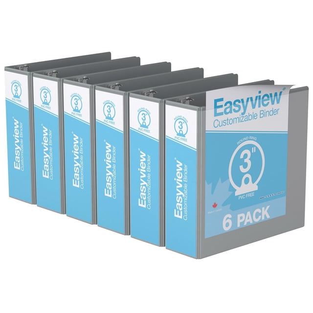 Davis Group Easyview Premium round ring customizable view binder 6 pack with 3-inch rings in grey, shown in a front angled view. Each binder features a clear overlay on front, spine, and back covers for customization, made from PVC-free polypropylene with back-mounted rings that allow pages to lie flat, ideal for organizing presentations, reports, and manuals.