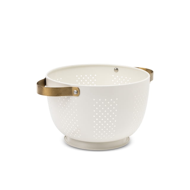 Thyme & Table Cream and Gold Colander, a 5QT kitchen utensil with a cream stainless steel body and fine perforations for efficient draining, featuring gold-tone handles for a secure grip and a stable base, ideal for rinsing fruits, vegetables, and pasta.