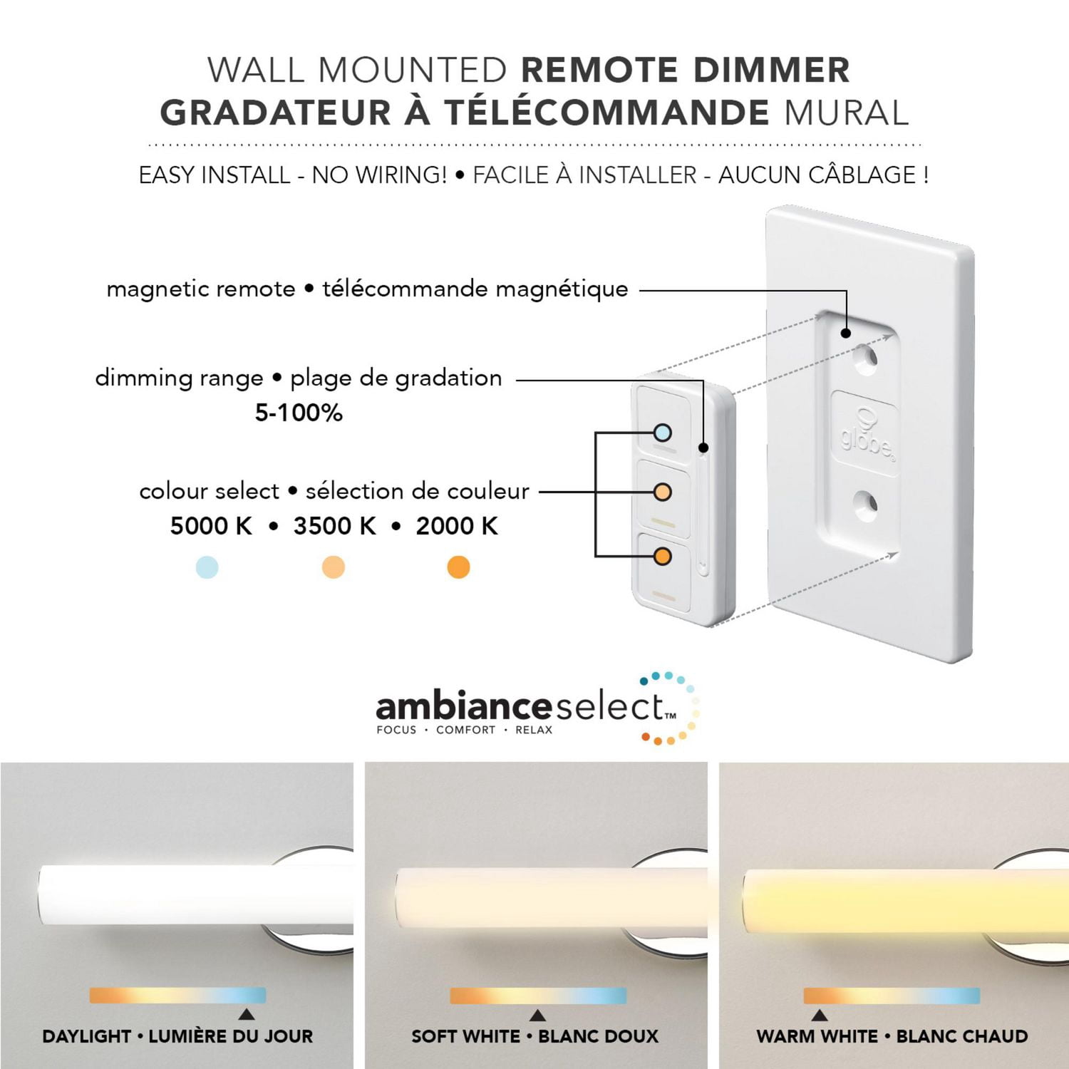 Ambiance Select applique murale couleur ajustable chrome de 24 po à DEL intégrée avec diffuseur en acrylique givré et télécommande murale avec gradateur
