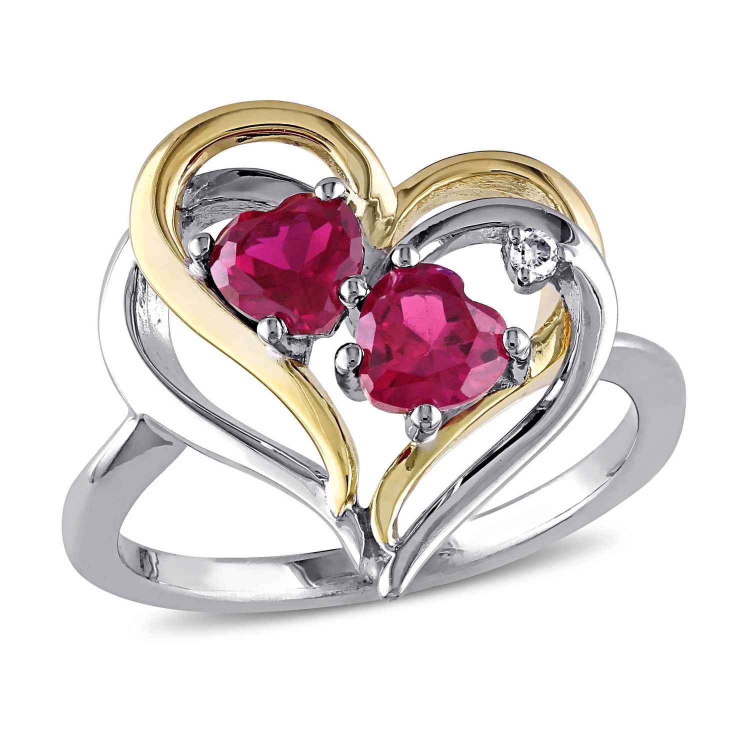Bague en forme de cœur double Tangelo avec rubis synthétique 1-1/6 CT PBT et accents de diamants en argent sterling double ton