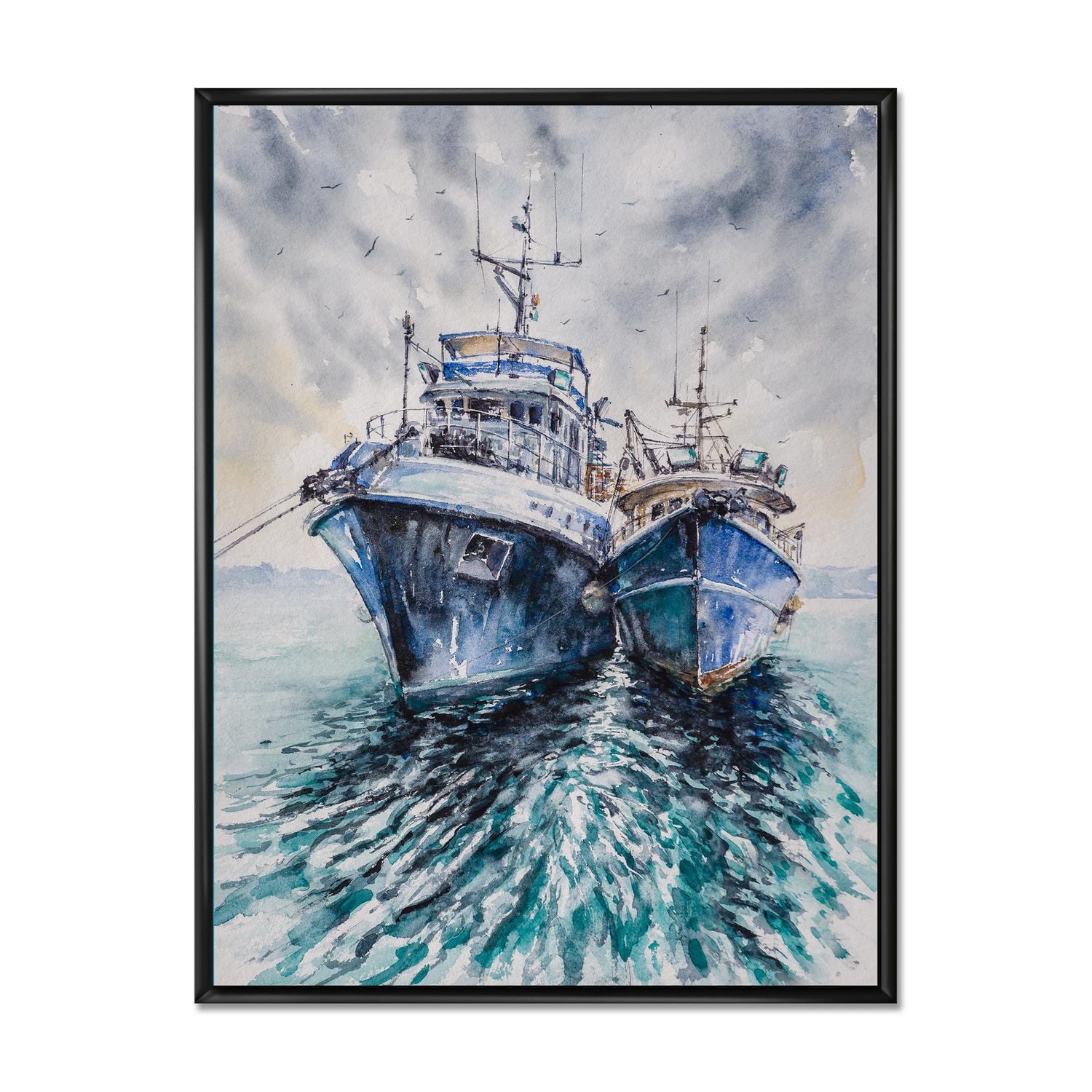 Designart Deux bateaux de pêche avant une tempête ancrés ART MURAL À CADRE FLOTT