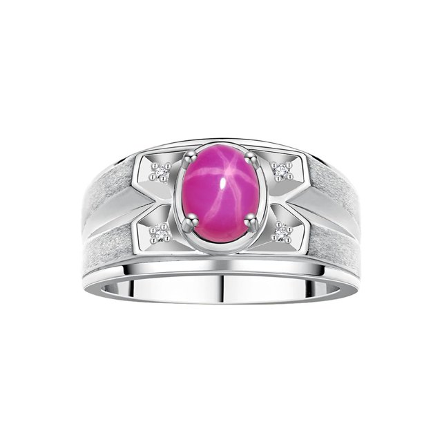 RYLOS Men's Rings Sterling Silver Rings Classic Designer Style 8X6MM Oval Gemstone & Diamond Ring Star Ruby July Birthstone Rings For Men, Size 12