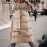 WRKEKC Women's Hooded Parka Mid-Length Insulated Winter Coat Long Sleeve Polyester Fill Cold Weather Casual Outerwear Khaki XXL