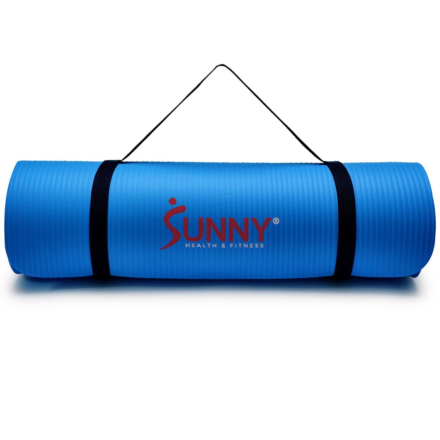 Sunny Health & Fitness Premium 1/2-Inch Extra Thick Exercise Yoga Mat Non-Slip High Density Pilates and Floor Workout Elastic Strap Portable with Carrying Strap - Blue – 74 x 24 Inches - SF-EM03-BU