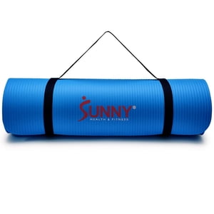 Sunny Health & Fitness Premium 1/2-Inch Extra Thick Exercise Yoga Mat Non-Slip High Density Pilates and Floor Workout Elastic Strap Portable with Carrying Strap - Blue – 74 x 24 Inches - SF-EM03-BU