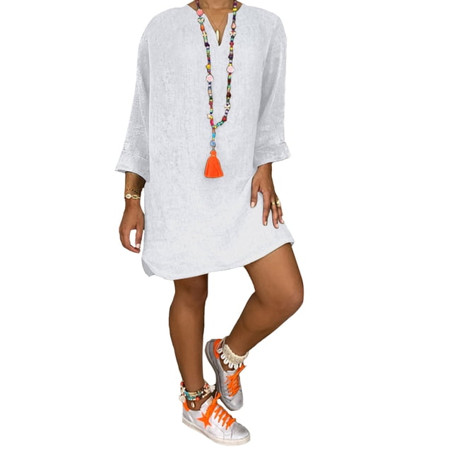 MAWCLOS Robes Mini pour Femmes Col en V Robe Courte Couleur Unie Aguichant Vacances Manches Longues Blanc 4TG