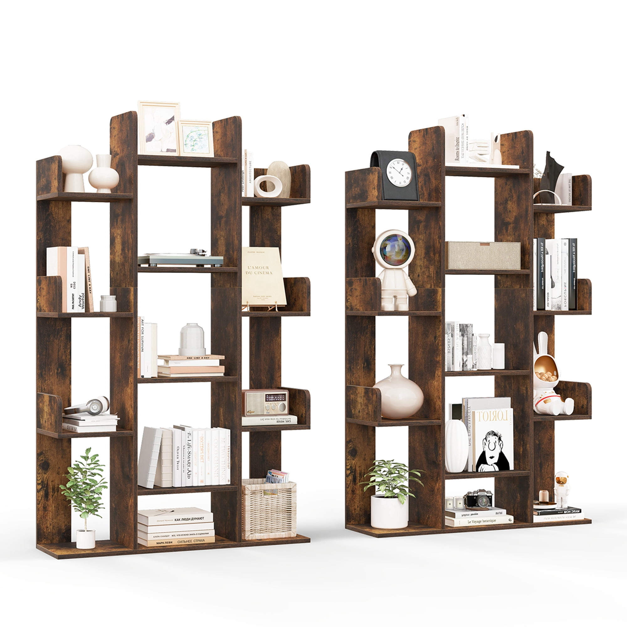Costway 2 PCS Bookshelf Tree-Shaped Bookcase with 13 Storage Shelf Rustic Industrial Style Rustic Brown