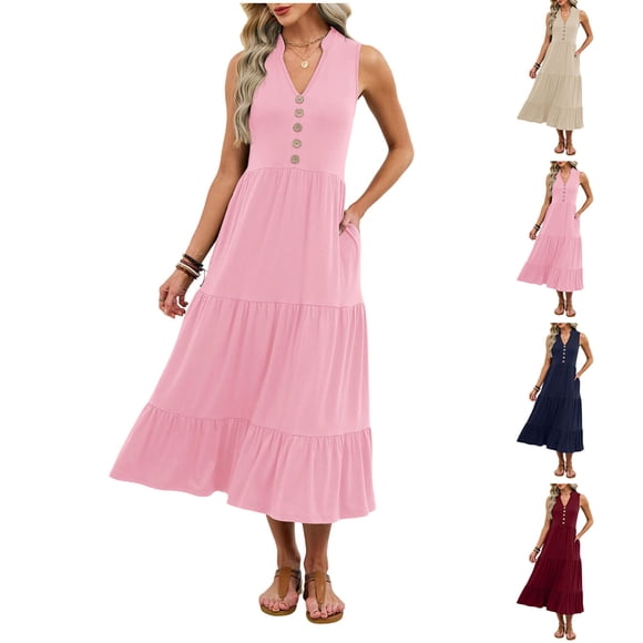 Sentmoon Sundresses for Women Vacation Sleeveless V Neck Womens Dress Spring Solid Color Regular Fit Plus Size Sun Dress Breathable for Travel and Vacation XL