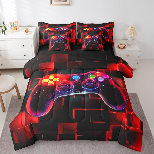 YST 7Pcs Kids Gamer Comforter Set Full, Gaming Bedding Comforter Set, Video Games Controller Gamepad Bed In A Bag Neon Glowing Square Geometric Grid Red Bed Sets With Comforter And Sheets