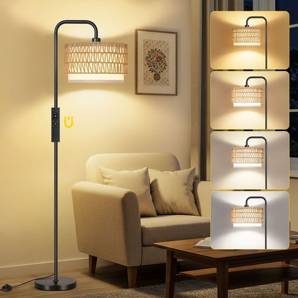 OUTON Arc Floor Lamp with Remote, Rattan Dimmable Standing Lamp with 4 Color Temperatures, Metal Tall Lamps for Living Room Bedroom, 9W Bulb Included,Black