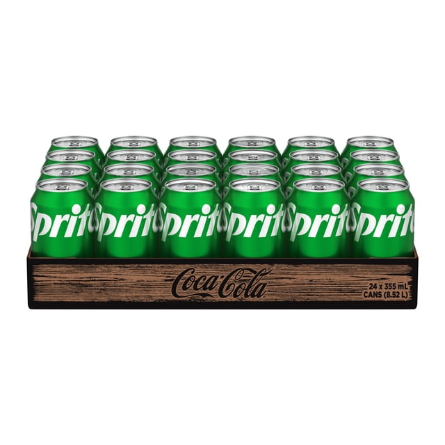 Sprite 355mL Cans, 24 Pack arranged in a black tray with wood texture and Coca-Cola logo, showing 24 green aluminum cans in four rows of six, each can featuring the white Sprite logo and containing lemon-lime flavored caffeine-free soda suitable for refreshment.